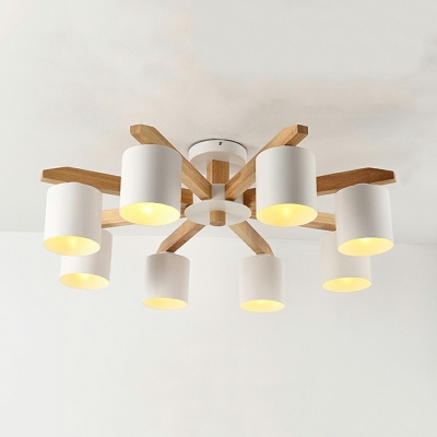8-Light Chandelier Lighting Minimalism Style Cylinder Shape Wood Hanging Ceiling Lights