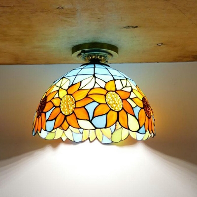 Cone Flush Ceiling Light Fixture Tiffany Style Stained Glass 1-Light Flush Mount Light Fixtures in Orange
