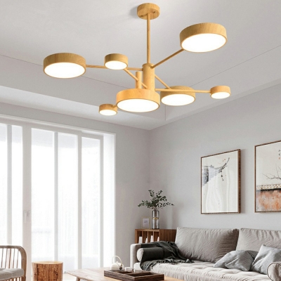 7-Light Chandelier Lamp Minimalism Style Cylinder Shape Wood Hanging Ceiling Lights