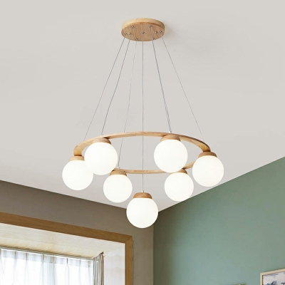 Wood Chandelier Lighting Contemporary Style Geometry Shape Glass Hanging Light
