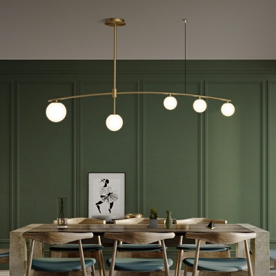 Contemporary Ball White Glass Island Lights in Brass Linear Pendant Lights for Dining Room