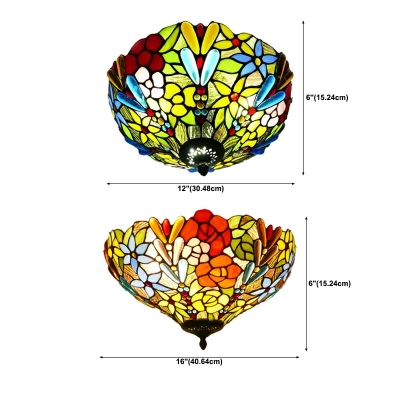 3 Lights Bowl Flush Ceiling Light Fixtures Tiffany Style Glass Flush Mount Lights in Beige