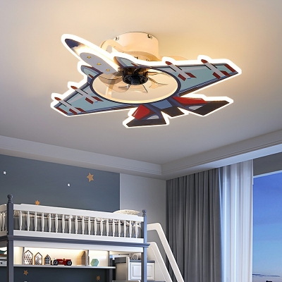 Blue LED Ceiling Fan Light Kids Acrylic Plane Semi Flush Mounted Lamp