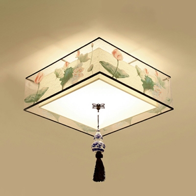 Modern Style Round Flush Ceiling Light Fixture Fabric 5-Lights Flush Light Fixtures in Beige