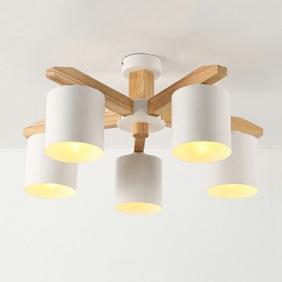 8-Light Chandelier Lighting Minimalism Style Cylinder Shape Wood Hanging Ceiling Lights