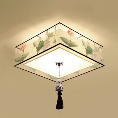 Square Flush-Mount Light Fixture Modern Style Fabric 3-Lights Flush Mount Ceiling Light in Beige