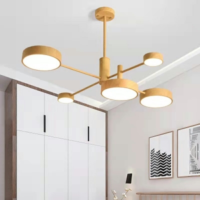 7-Light Chandelier Lamp Minimalism Style Cylinder Shape Wood Hanging Ceiling Lights