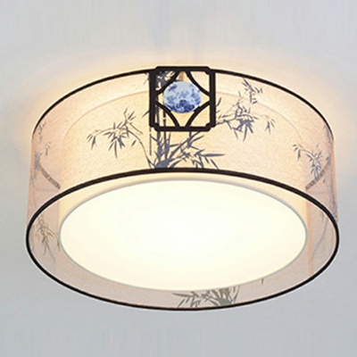 Beige Drum Flush Ceiling Light Fixture Modern Style Fabric 3 Lights Flushmount Lighting