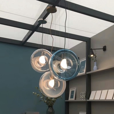 Modern Style Drum Hanging Pendant Light Blown Glass 1-Light Hanging Ceiling Light in Clear