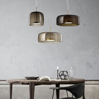 Drum Hanging Lights Modern Style Smoked Glass 1-Light Ceiling Pendant Light in Coffee