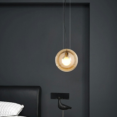 Modern Style Drum Hanging Pendant Light Blown Glass 1-Light Hanging Ceiling Light in Clear