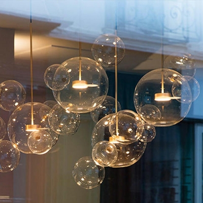 Modern Style Spherical Hanging Lights Clear Glass 1-Light Pendant Lighting in Beige