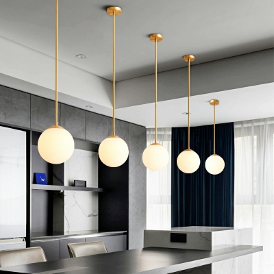1 Light Spherical Hanging Light Fixtures Modern Style Opal Frosted Glass Drop Pendant in Gold