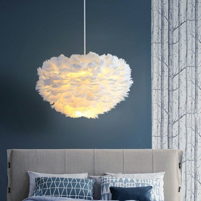 Modern Style Round Pendant Lamp Feather Bedroom Hanging Chandelier in White
