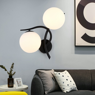 Modern Milky Glass Round Wall Mount Lamp 2 Heads Bedroom Sconce Lights