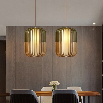 Beige Cylinder Down Lighting Pendant Modern Style Wood 1 Light Pendant Lamp