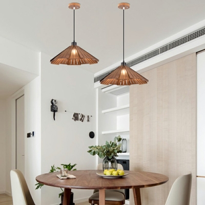 1 Light Funnel Pendant Lighting Fixtures Modern Style Wood Hanging Ceiling Light in Brown