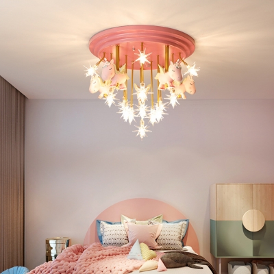 Kids Sparkle Semi-Flush Ceiling Light Hand-Blown Glass Bedroom LED Flushmount Lighting with Horse Deco