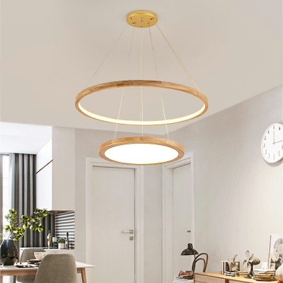 Wooden Chandelier Lighting Fixtures 2-Tier LED Modern Chandeliers for Dining Room