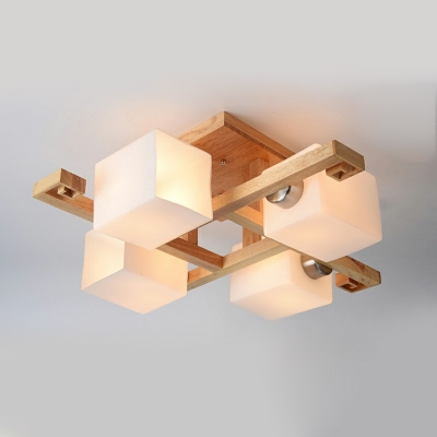 Modern Wood Flush Mount Fixture Simple White Glass Bedroom/Living Room Ceiling Light