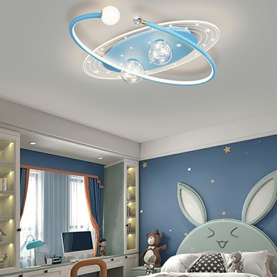 Oval Flush Ceiling Light Kids Style Metal 4-Lights Flush Mount Fixture in Blue