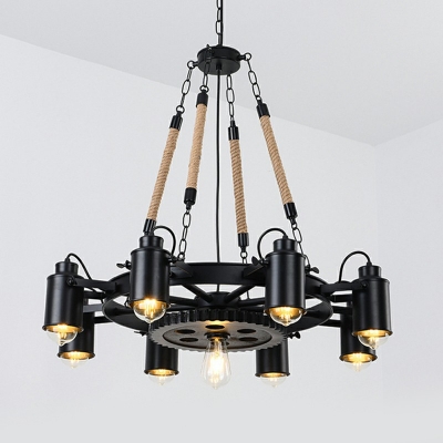 Industrial 43''W Large Chandelier with Rope and Cone Metal Shade in Black, 8 / 10 Light