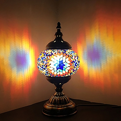 1 Light Global Night Light Mediterranean Orange/Red and Blue Stained Glass Table Lamp for Bedroom