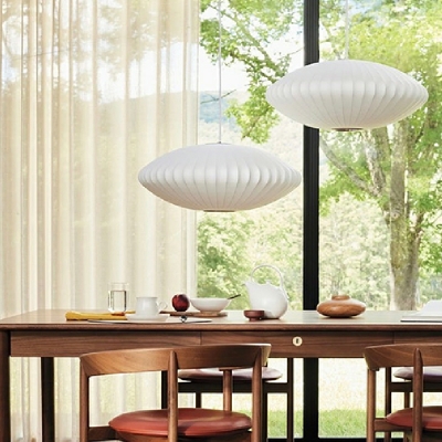 Modern Style Lantern Suspension Lamp Silk 1-Light Pendant Light in White