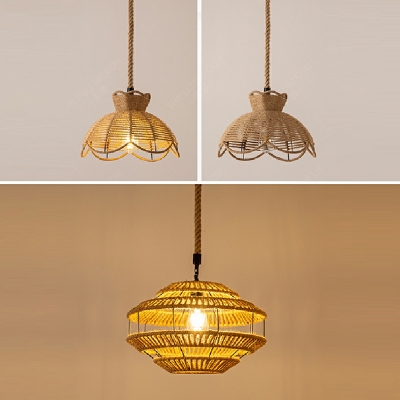 Brown Drum Hanging Lamp Kit Industrial Style Rope 1 Light Pendant Lights