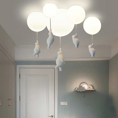 Kids Style 1-Light Ceiling Fixture White Bear  Flush Mount Light with Cream Glass Shade for Nursery