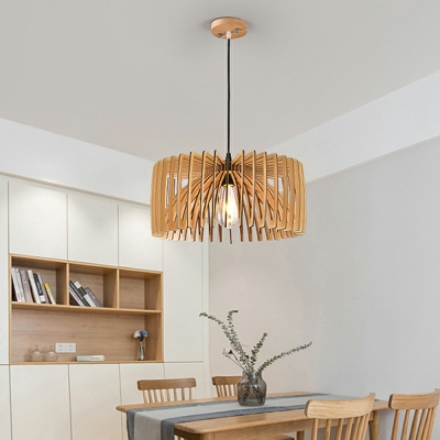 Wood Drum Hanging Lamp Kit Modern Style 1 Light Ceiling Pendant Light in Orange