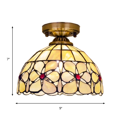 Bowl Shaped Shell Flushmount Lighting Tiffany 1 Head Brass Ceiling Lamp with Flower Pattern