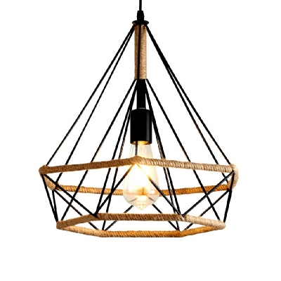 1 Light Drum Hanging Lamp Kit Industrial Style Rope Pendant Light Fixture in Brown
