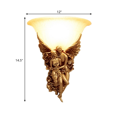 1-Light Frosted Glass Flush Wall Sconce Colonial Gold/Beige Bell Living Room Wall Light Fixture