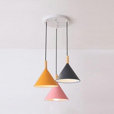 Cone Pendant Lamp Macaron Metal 3-Light Restaurant LED Hanging Light