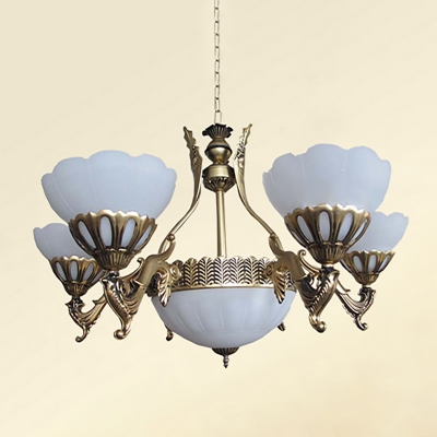 Brass Scalloped Chandelier Traditional Cream Glass 9 Heads Dining Room Hanging Lamp with Bottom Bowl Shade