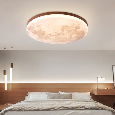 Modern Minimalist Round Ceiling Lamp Romantic Moon Wooden Flush Mount Light for Bedroom