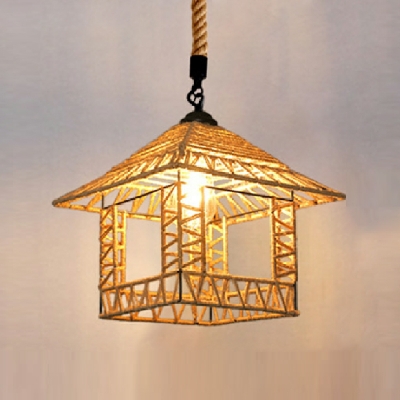 1 Light Drum Hanging Lamp Kit Industrial Style Rope Pendant Light Fixture in Brown