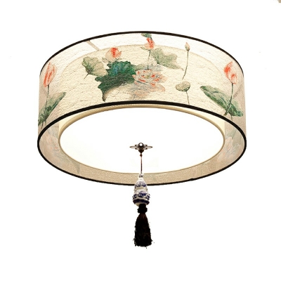 Traditional Style Cylinder Flush Mount Fixture Fabric 1-Light Flush Mount Light in Beige