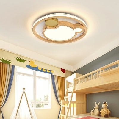 Single-Light Cartoon Mickey Shape Flushmount Light Wood Children Bedroom Flushmount Ceiling Lamp