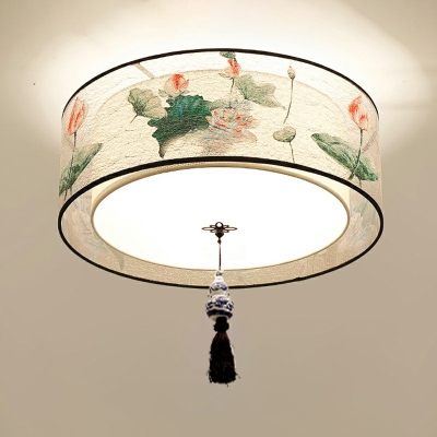 Traditional Style Cylinder Flush Mount Fixture Fabric 1-Light Flush Mount Light in Beige