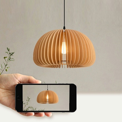 Modern Style Dome Hanging Lamp Kit Wood 1-Light Pendant Lighting Fixtures in Orange