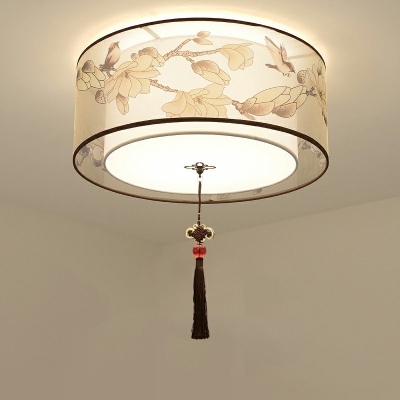 Fabric Shade Flush Mount Light Fixture Geometrical Shape Flush Ceiling Light in Beige