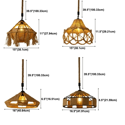 Industrial Style Cone Hanging Lamp Kit Rope 1-Light Pendant Lighting in Brown