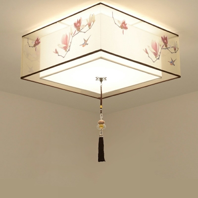 Fabric Shade Flush Mount Light Fixture Geometrical Shape Flush Ceiling Light in Beige