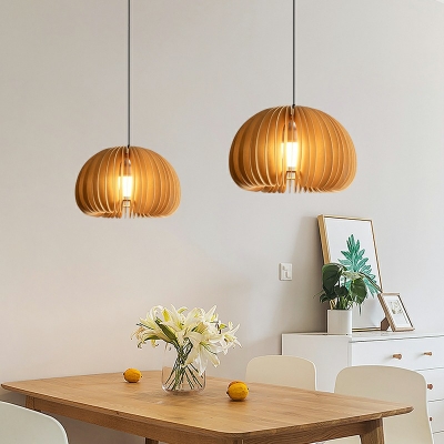 Modern Style Dome Hanging Lamp Kit Wood 1-Light Pendant Lighting Fixtures in Orange
