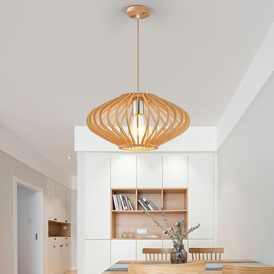 Wood Drum Hanging Lamp Kit Modern Style 1 Light Ceiling Pendant Light in Orange