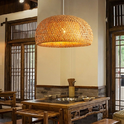 Asian Style Dome Pendants Light Fixtures Wood  Hand-Woven Ceiling Light for Dining Room