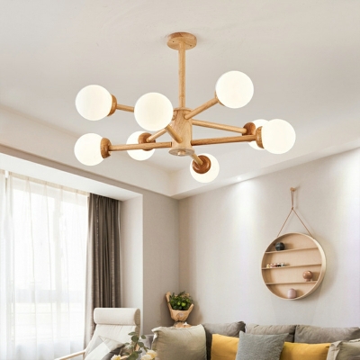 Modern Style Hanging Chandelier with Globe Glass Shade Wood Pendant Light Kit