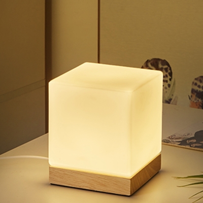 Table Lamp With Usb Port Square Shape Wood with White Glass Shade Led Lamp